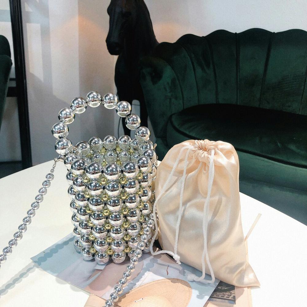 Korea Silver Handmade Pearl Bucket Beaded Hand Bag