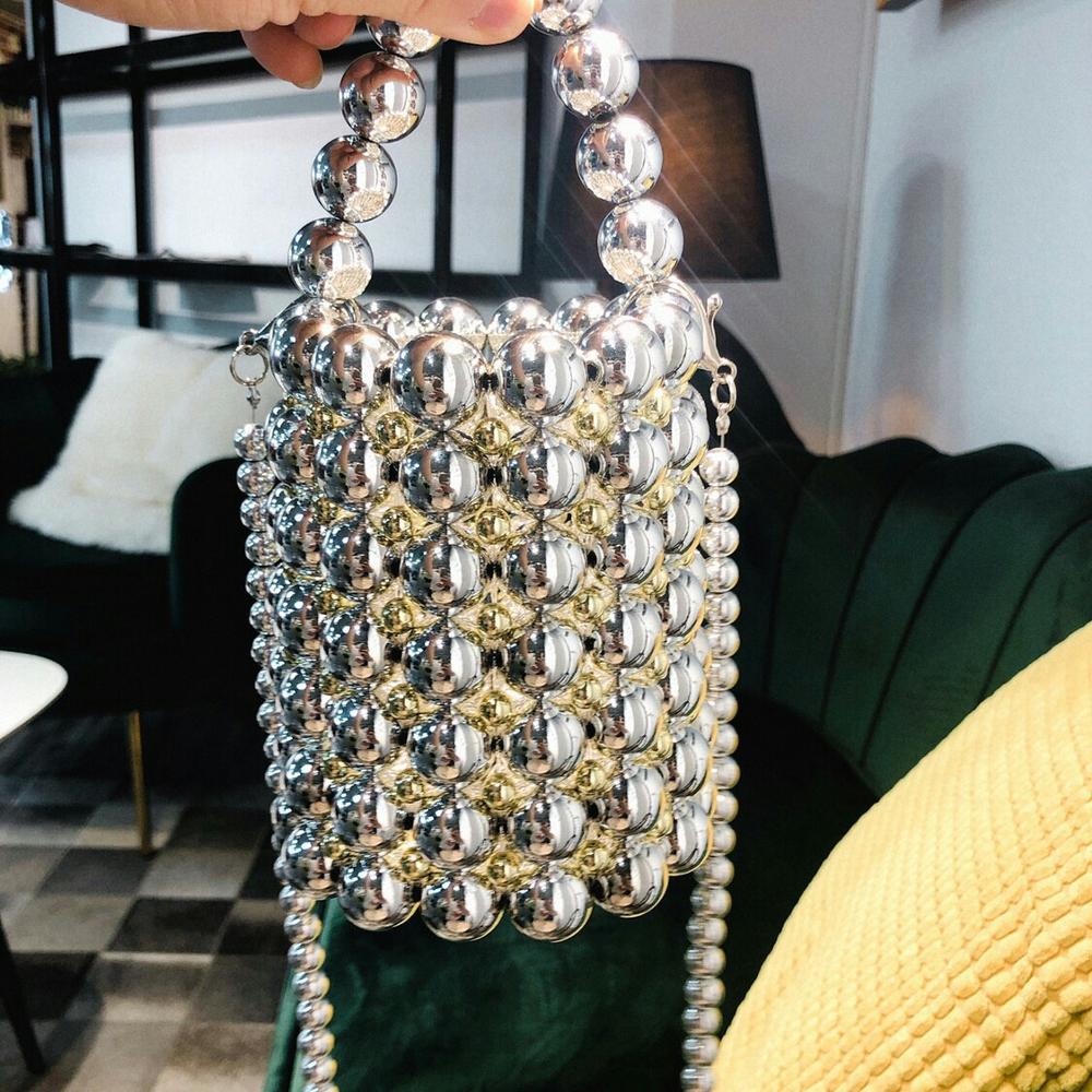 Korea Silver Handmade Pearl Bucket Beaded Hand Bag